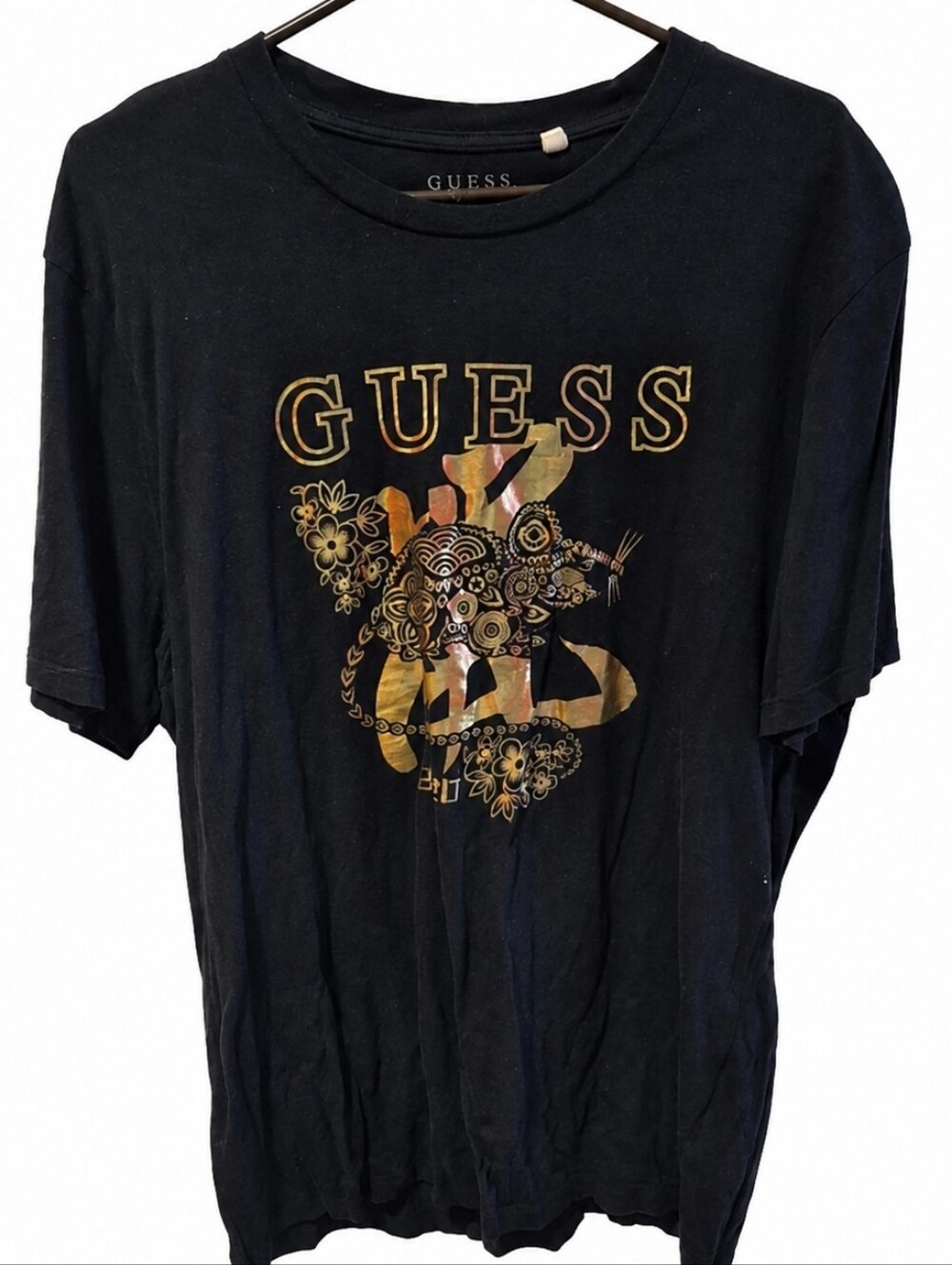 GUESS Black Short-Sleeve Graphic Tee with Metallic Gold & Floral Design Sz XXL